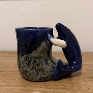 Pottery Blue Ceramic Whale Mug Hand Painted Airbrush Made in USA Ocean Sea Beach